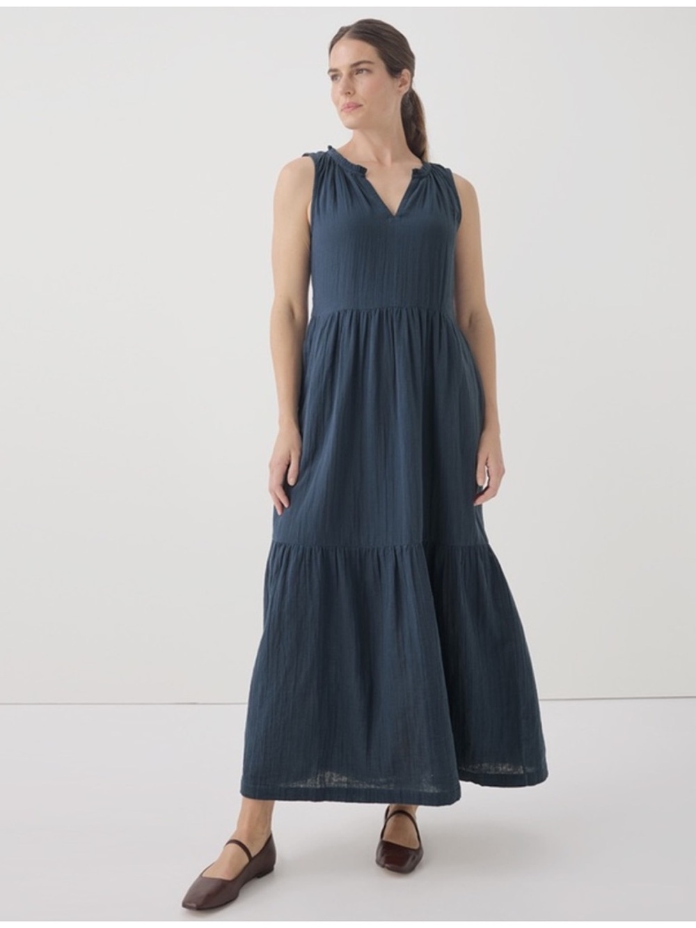 Pact Organic Cotton Coastal Double Gauze Tiered Maxi Dress Sleeveless Small